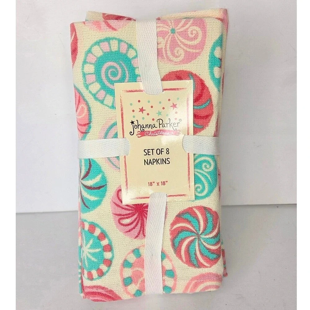 Johanna Parker Christmas Pastel Pink And Teal Blue‎ Candy Cane Print Napkins Set